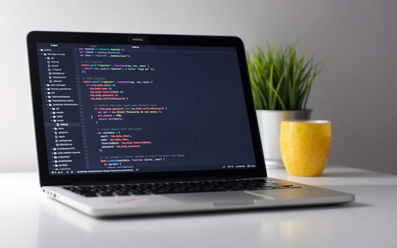 Information technology student coding on a laptop